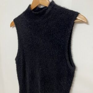 Karen‎ Kane Top Large Womens Black Fuzzy Sleeveless Sweater Cowl Neck Soft Knit